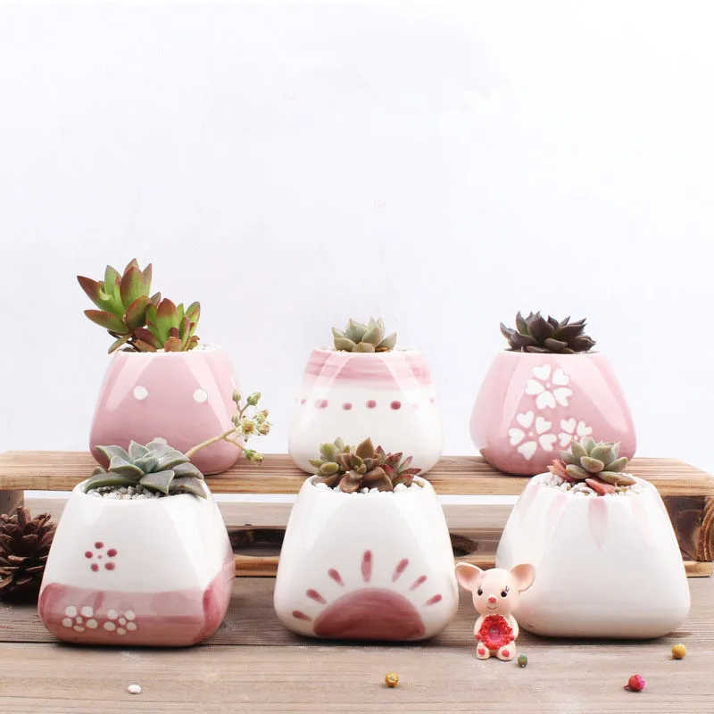 6pcs/set Mini Ceramic Cute Pink Flower Pot Bonsai Small Pots for Flowers Succulent Planter Garden Balcony Decoration Bonsai Pot