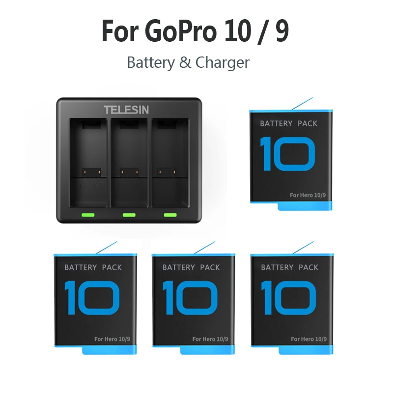 4 шт., аксессуары для GoPro 10, аккумуляторная батарея и быстрое умное зарядное устройство для фотоаппарата