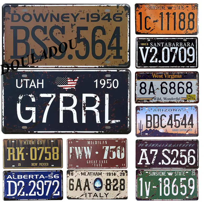 

[Douladou]USA Car Plates Number Vintage Metal Tin Signs American car License SIGN Garage Bar wall decor Iron poster 30*15CM