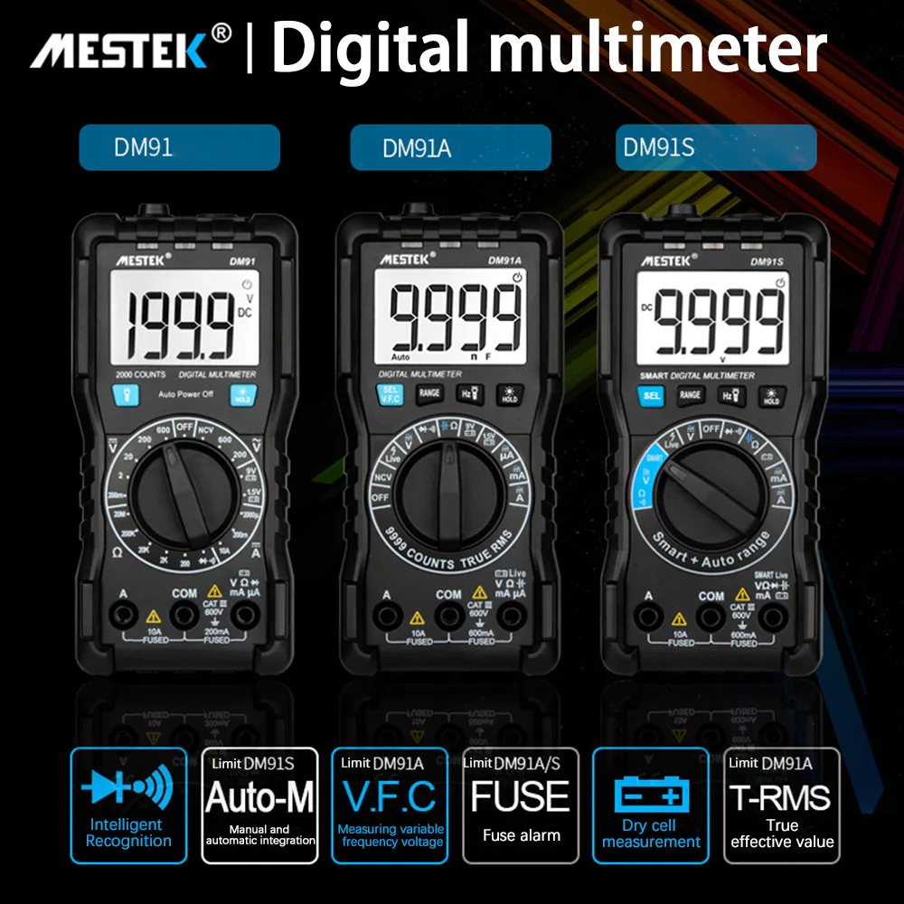 

MESTEK DM91/DM91A/DM91S Digital Multimeter High Precision 9999 Count AC/DC Ammeter Ohm Voltage Meter HFE NVC Capacitance Tester