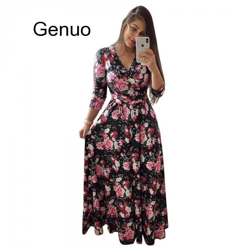 

Spring Sexy Deep V Neck Women's Dress Bohemia Tunic Maxi Dresses Elegant Vintage Flowers Print Dress Vestidos Plus Size