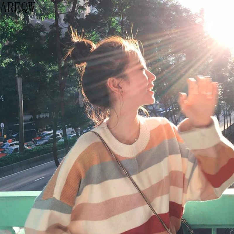 Осенний женский Рождественский свитер с круглым вырезом в радужную полоску