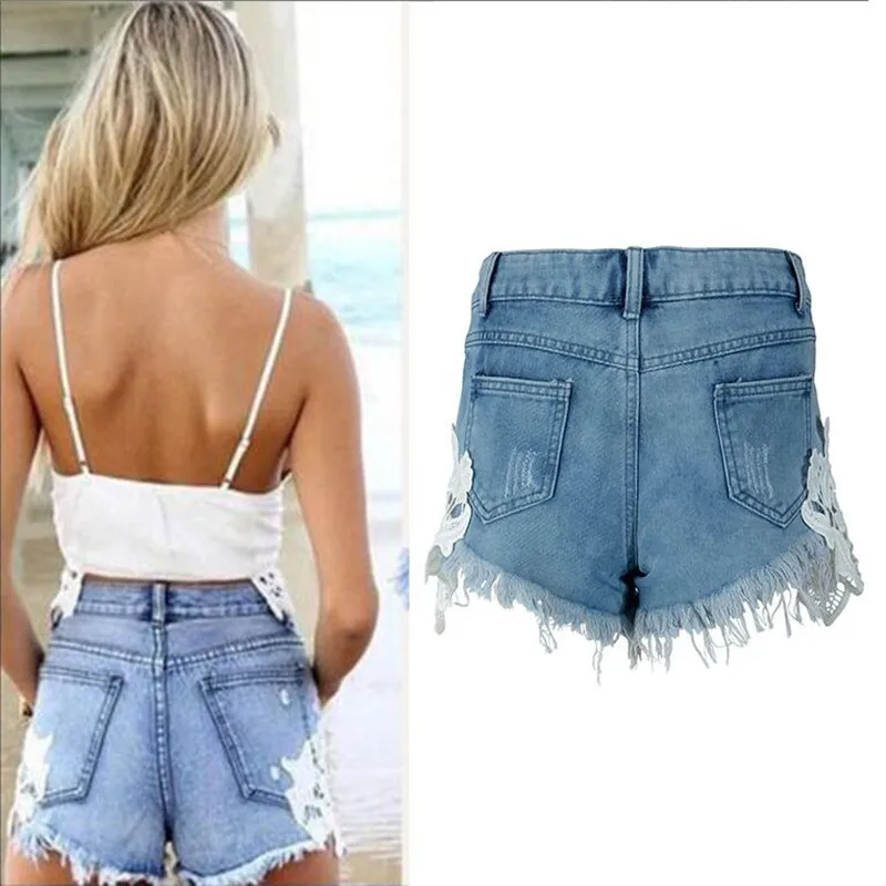 

Women Vintage Tassel Summer High Waist Shorts Punk Sexy Short Jeans Plus Size Female Lace Denim Shorts Fashion Casual Hollow Out