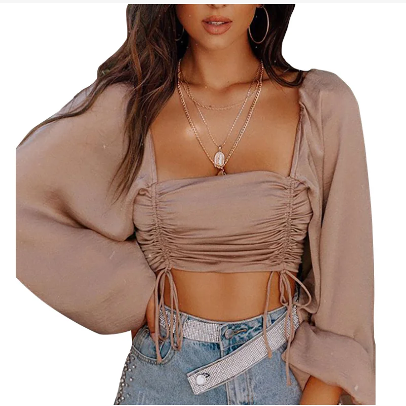 Vintage Brown Women T Shirts 2022 Spring Fashion Sexy Club Square Collar Solid Bandage Tops Wrap Chest Long Sleeve