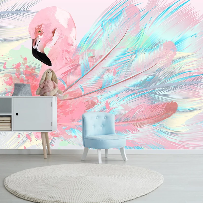 Пользовательские 3D мультфильм Розовый фламинго перо фото настенные фрески обои