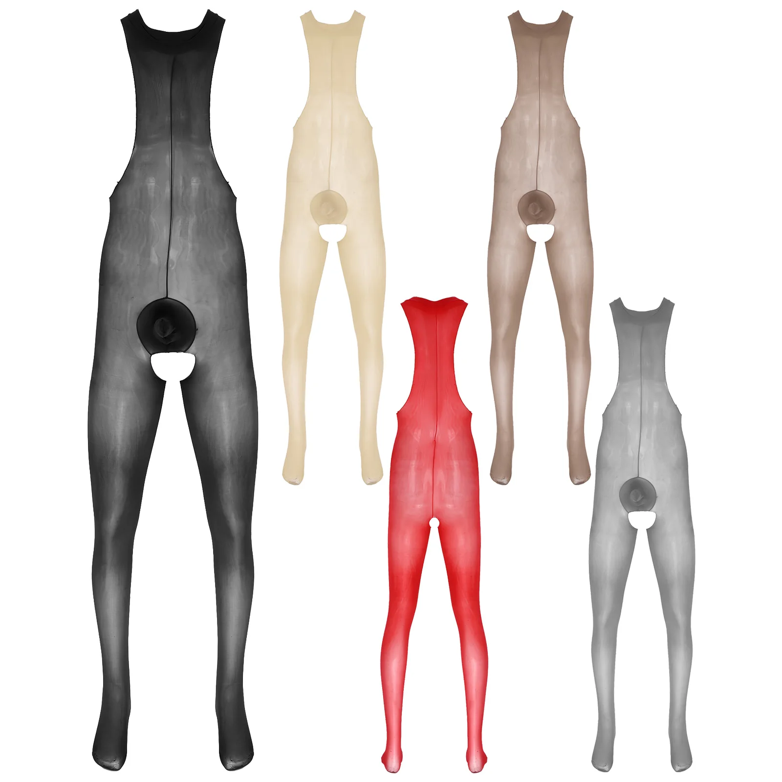 Мужское прозрачное боди с круглым вырезом глянцевое трико без рукавов вырезами