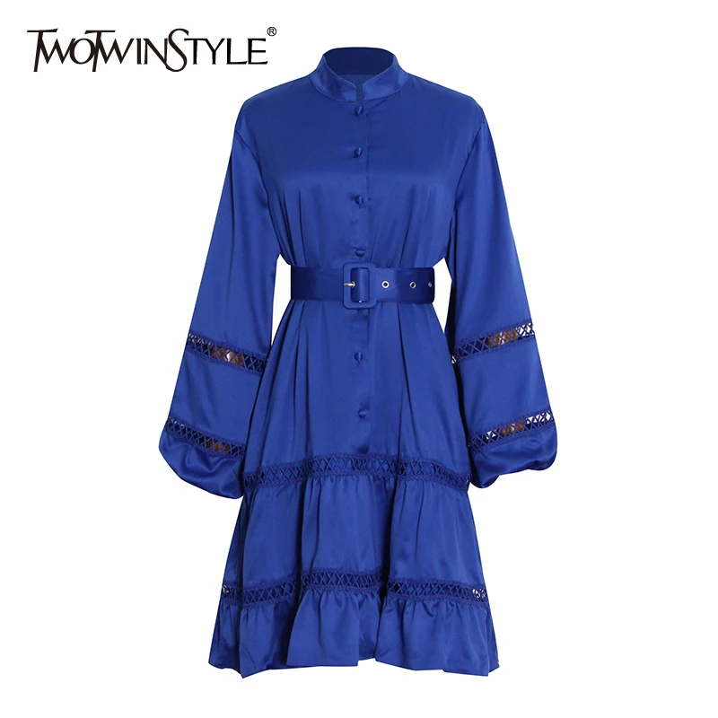

TWOTWINSTYLE Colorblock Dress For Women High Waist Sashes Ruffle Trim Stand Collar Lantern Sleeve Mini Dresses Female 2022 Fall