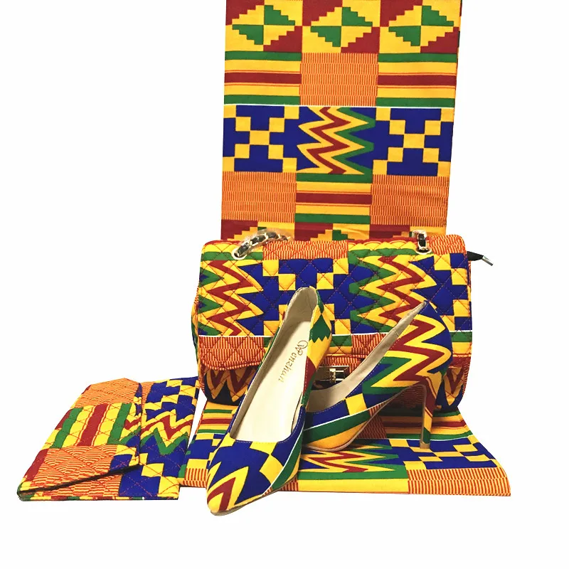 

Unique Kente African Wax Prints Fabric 6yards 100%Cotton With Wax Women Handbags Clutch And High Heel Shoes For Party