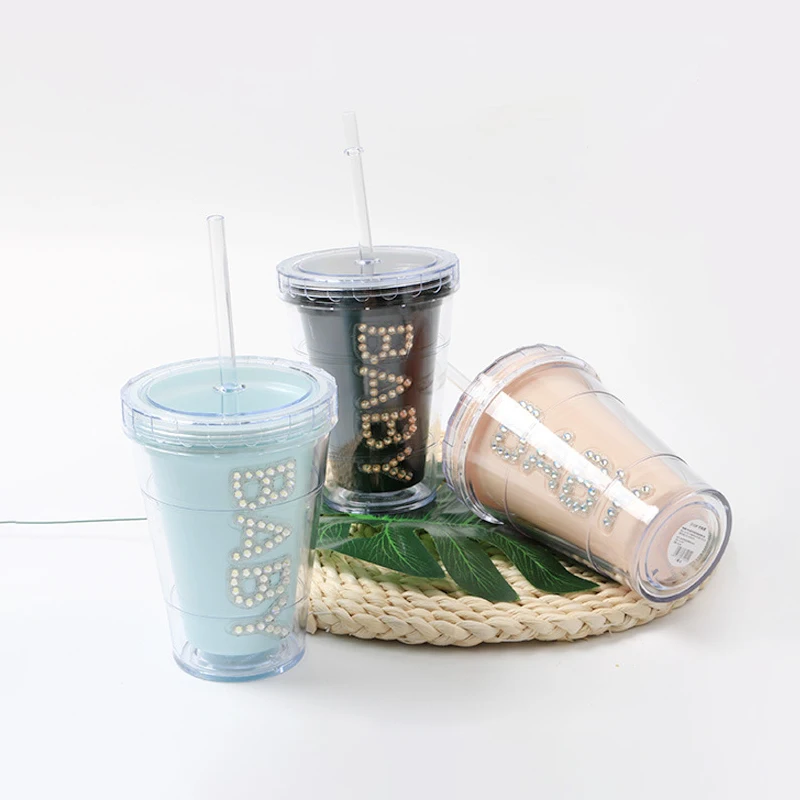 

Reusable Water Bottle Water Cup With Diamond Double Wall Plastic Drink Cups Mug Coffee Juice Tea Cup With Straw For Travel