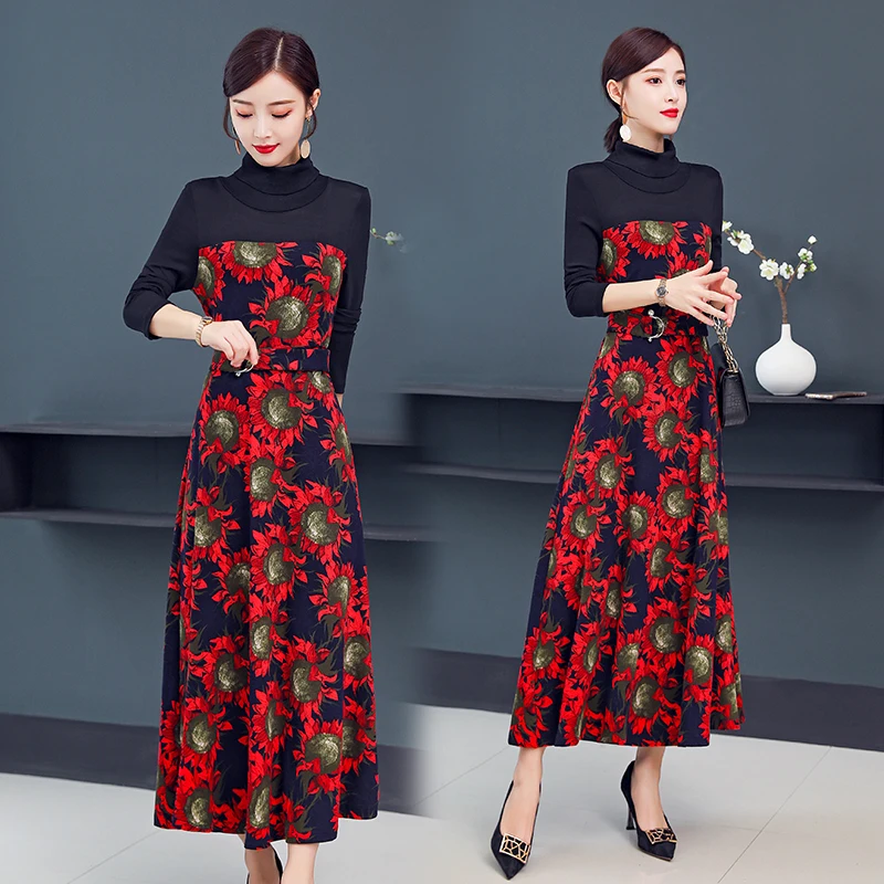 

CHUNLI Large size 2019 Autumn and winter new ladies long sleeve printed knit dress high-end foreign style waist long dress
