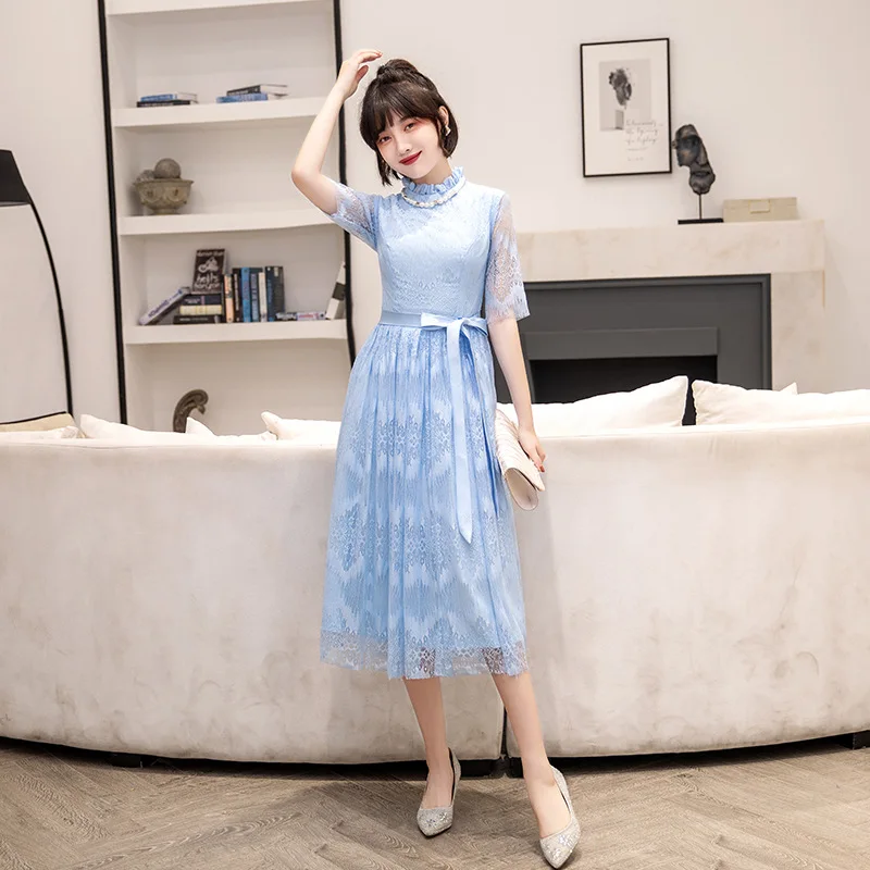 

Plus Size 3XL Sweet Embroidery Flowers Lady Lace Dresses Elegant Banquet A-Line Skirt Mid-Length Bridesmaid Wedding Party Gown