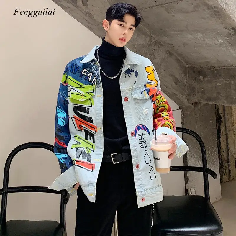

Hip Hop Fashion Printed Jeans Jacket Men Couple Cotton Casual Street Wear Short Style Denim Spring