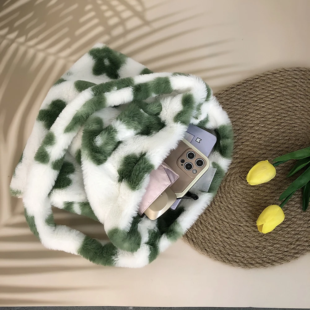 Сумки на плечо INS женские с цветочным принтом зимние мягкие плюшевые мешки-ведра