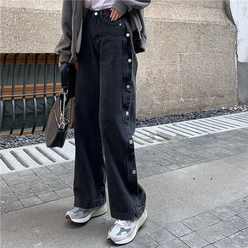 

Jeans Women Retro Fashion Streetwear Black Blue Harajuku Student Casual Hip-hop Straight Trousers High Waist 2021 Summer Cotton