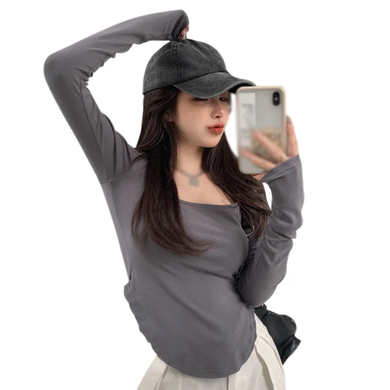

Irregular Design Slim Long-sleeved T-shirt Women Low-neck Western Coffee Color Top Tee Shirt Female Crop Top Ladies Shirt