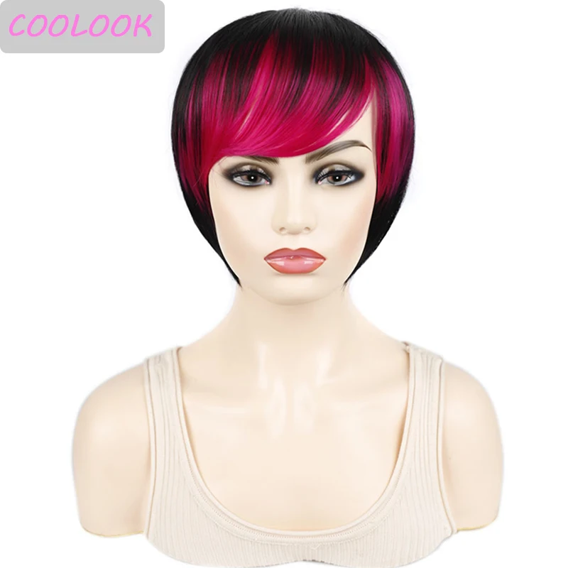 

Short Pixie Cut Straight Wigs with Side Bangs Red Blue Highlight Wigs for Women Synthetic False Hair Heat Resistant Cosplay Wig
