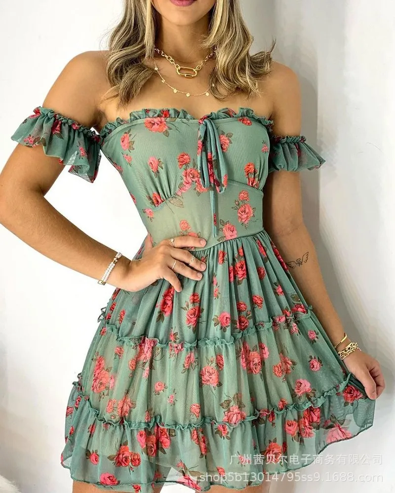

2021 Womens Clothing Green Floral Print Dress for Women Off The Shoulder Sexy Dresses Party Night Club Dress