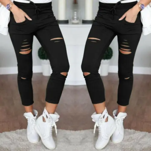 

Brand New Women Army Green Leggings Hole Pencil Stretch Casual Denim Skinny Ripped Pants Lady High Waist Broken Hole Trousers