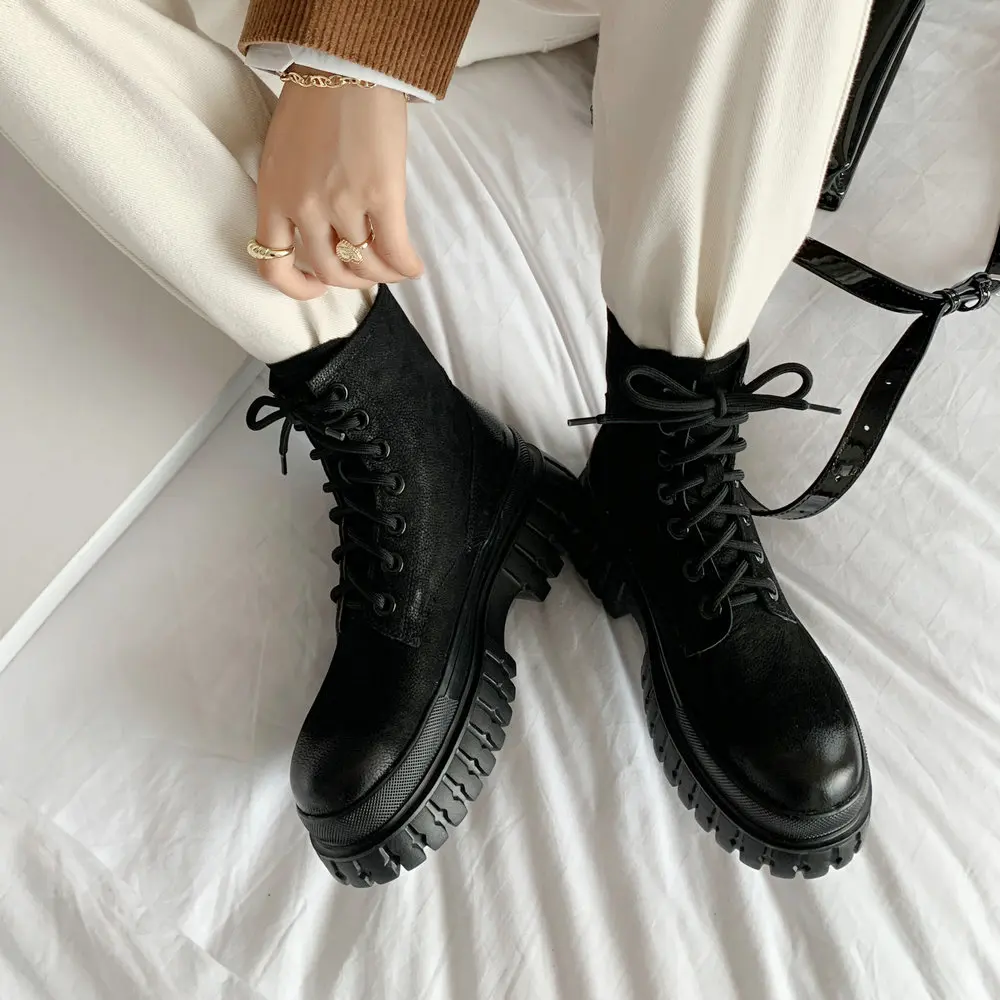 

Ботильоны женские из натуральной кожи, модные удобные ботинки на плоской платформе, на шнуровке, с круглым носком, желтые черные