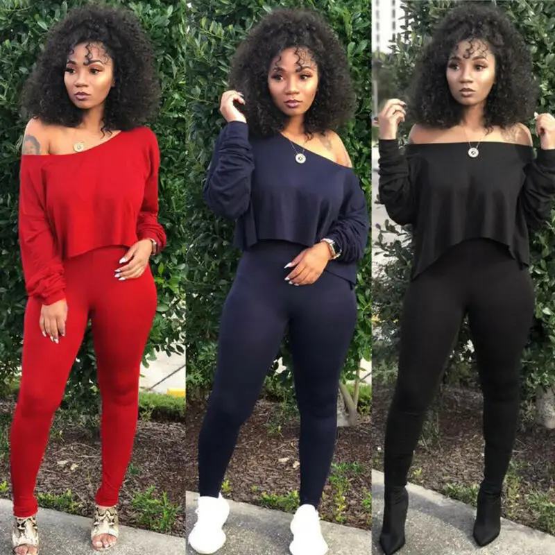 

Women Tracksuits 2Piece Outfits Long-Sleeved Off Shoulder Crop Top and Pants Set Casual Autumn Women Set