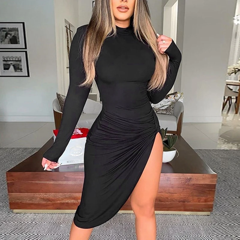 

Spring Fashion Solid Color Round Neck Long Sleeve Irregular Sexy Split Dress Turtleneck Midi Party Dress