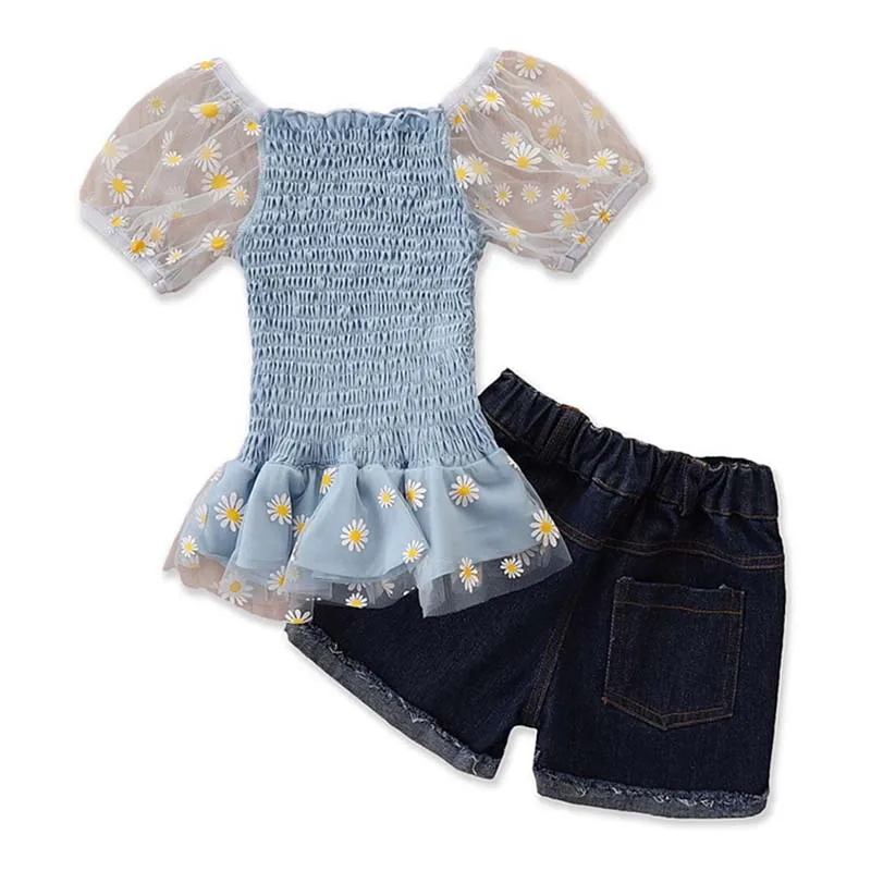 

Summer Kids Baby Girls Sets New Puff Sleeve Top+Denim Shorts 2Pcs Fashion Sweet Children Clothing Girls Outfits 1-5 Years