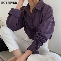 bgteever vintage turn down collar women blouse shirts autumn winter thicken female blouse tops workwear purple shirts 2020