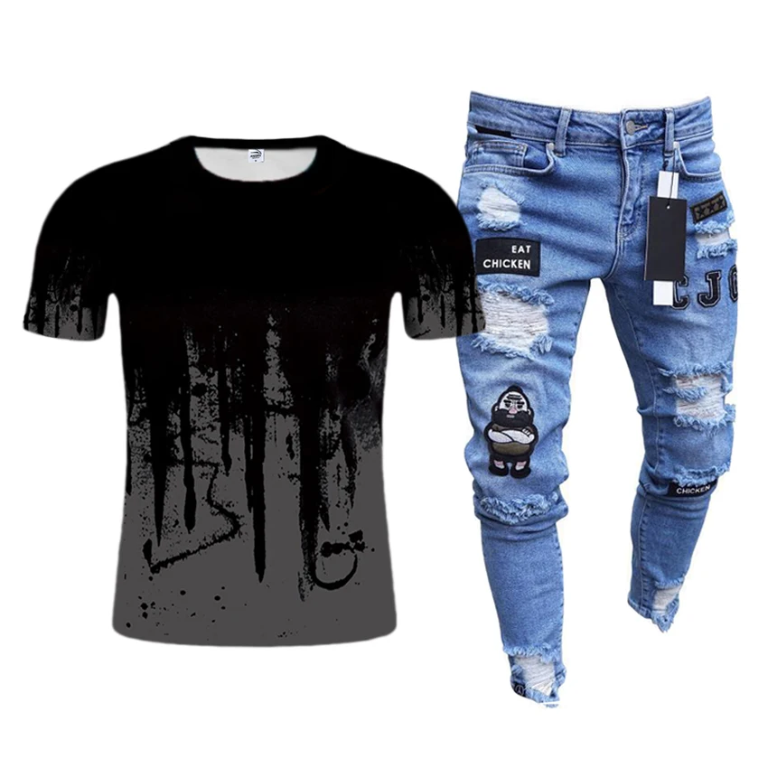 

Men's casual suit Men's 3D digital camouflage print T-shirt + jeans suit