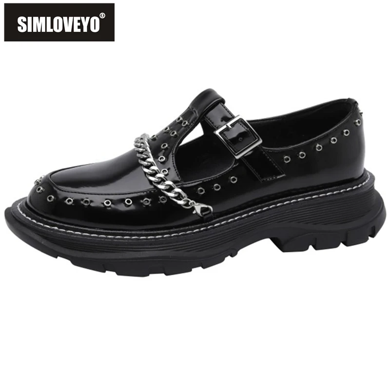 

SIMLOVEYO New 2021 Women Pumps Round Toe 5cm Block Heels Chains Punk Cool Stylish Rivets Big Size 34-42 Casual White B2448