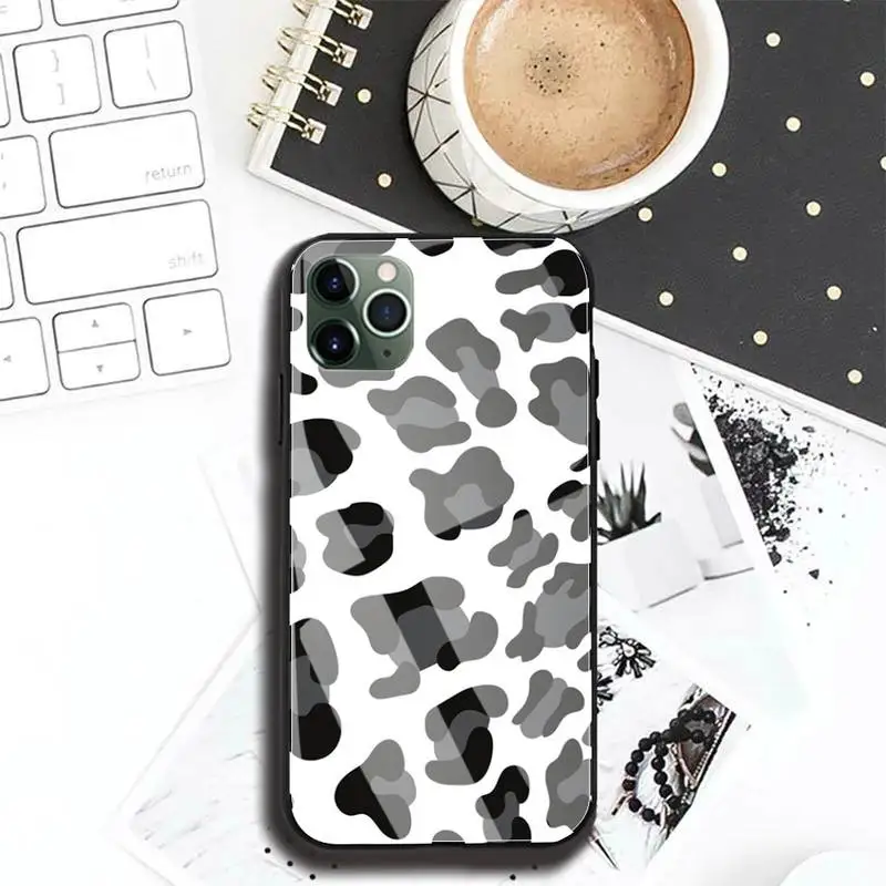 

Black White Cow Print Phone Case For Iphone 11 Pro MAX XR X 7 8Plus SE2020 DIY Shockproof Glass Soft Silicone Edge