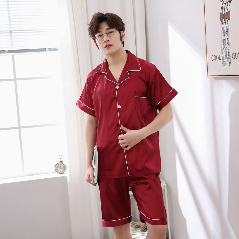 CAIYIER Summer Stripe Silk Satin Men Pajamas Set Short Sleeve Elastic Waist Shorts Sleepwear Men's Soft Cool Leisure Home Wear