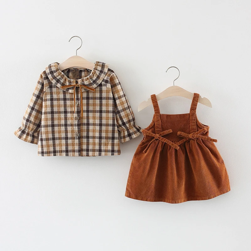 Explosion Europe America Baby girls Corduroy Strap Skirt Plaid Shirt Set spring autumn bow princess cute dress suit 2pcs | Детская