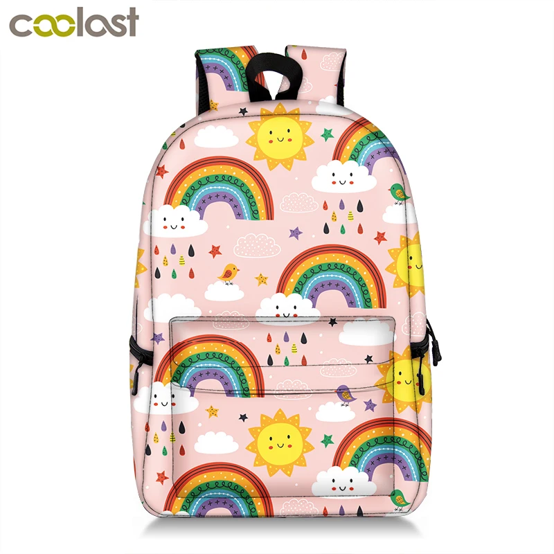 

Funny Rainbow Cloud Sun Backpack Girls Laptop Schoolbags Lovely Sheep Flamingos Cartoon Animal Pattern Large Capability Bookbag