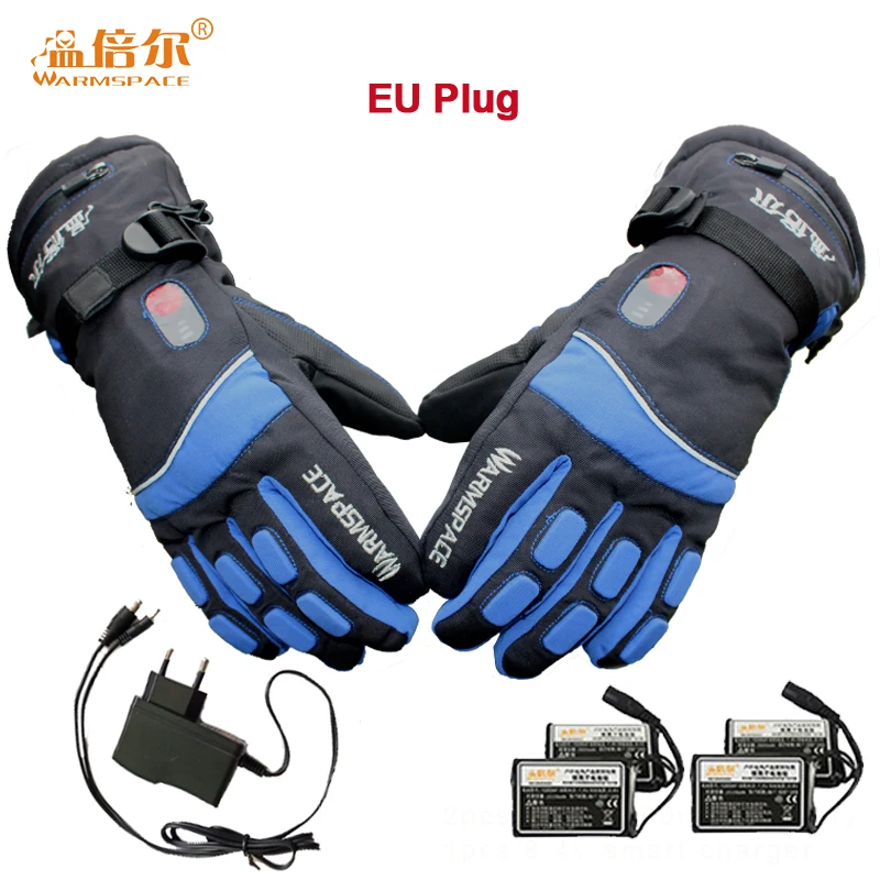 Blue EU Plug Теплые зимние перчатки с подогревом, 7,4 В, 4000 мА/ч, для катания на лыжах, водонепроницаемые, с литиевой батареей, Самонагревающиеся, передние и задние перчатки с подогревом - Цвет: Blue EU Plug