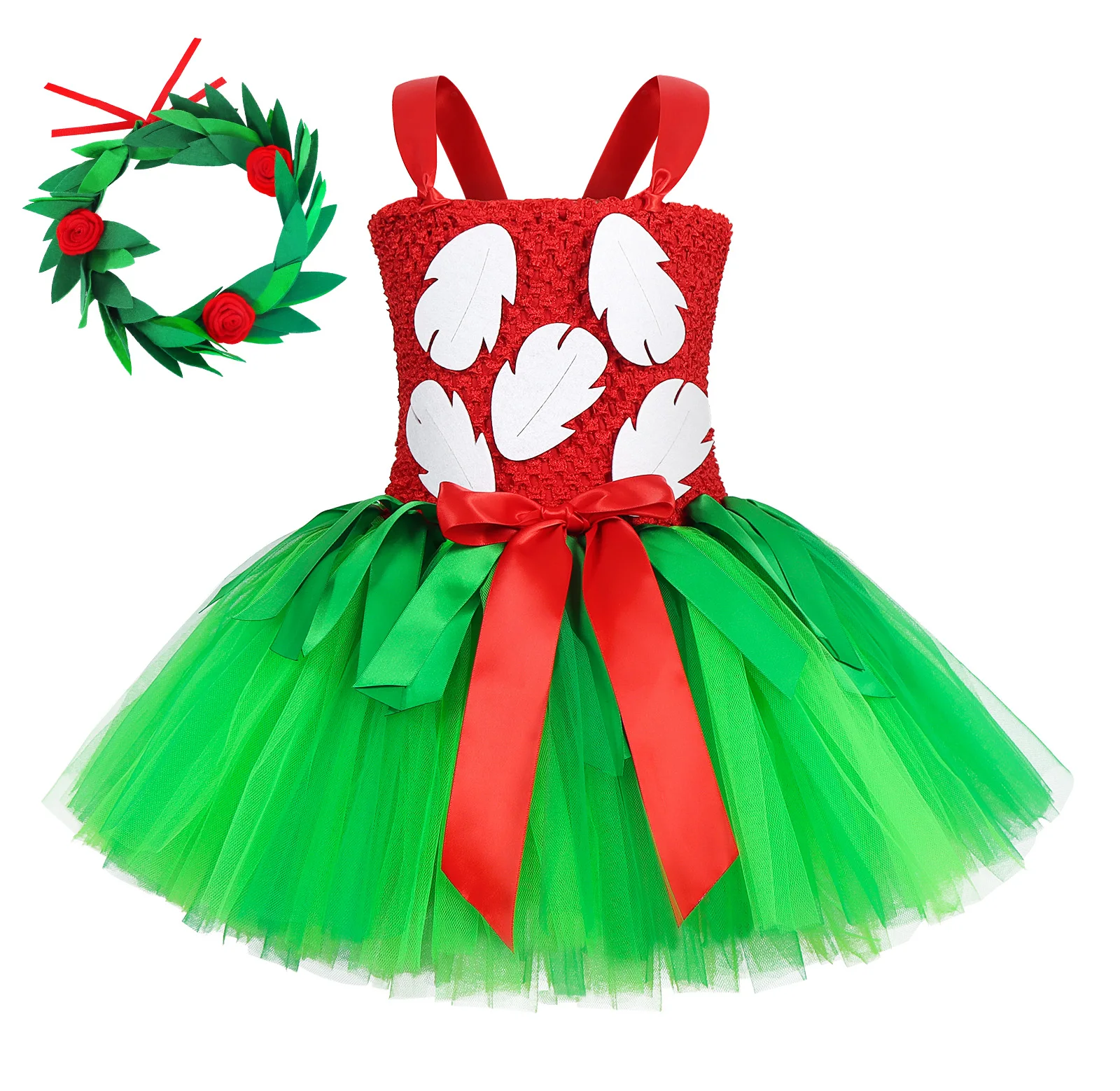 

New Style Christmas Skirt Headdress Set Red Top Green Hawaiian Skirt Wreath Set Christmas Dress Children's Performance Dress
