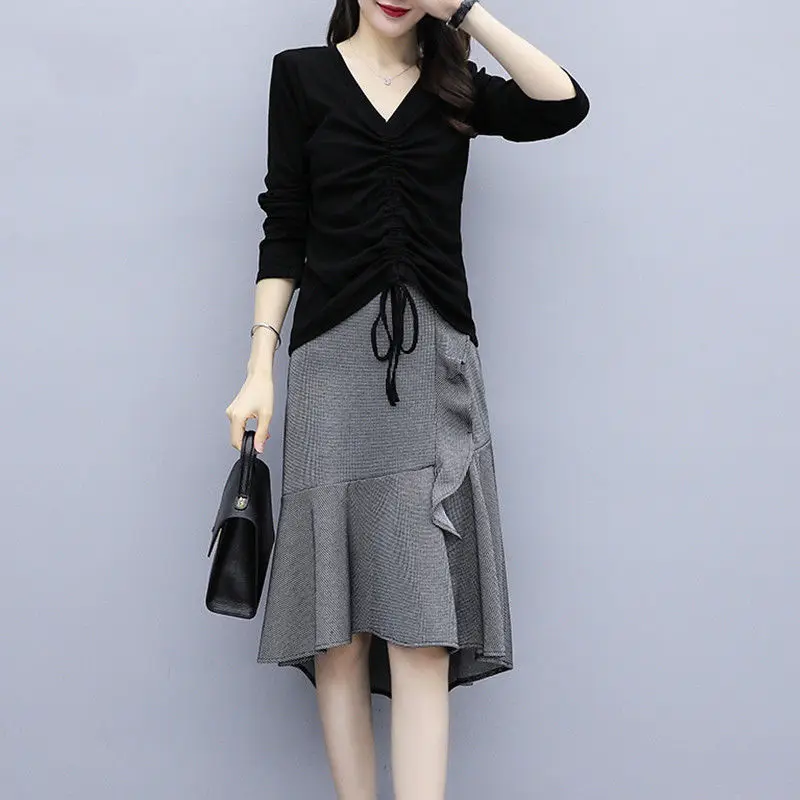 Женский модный элегантный костюм-двойка облегающая футболка с V-образным вырезом