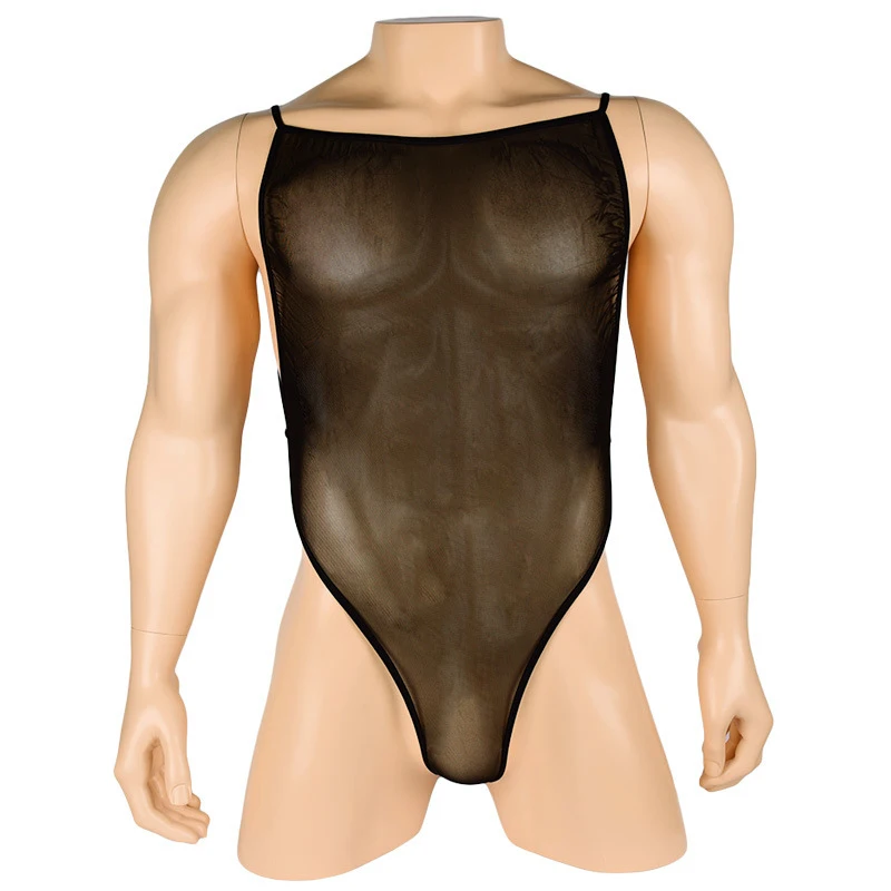 Mens Underwear Transparent Ultra Thin Mesh Camisole One Piece Halter Male Bellyband See Throught Sexy Lingerie Backless Bodysuit