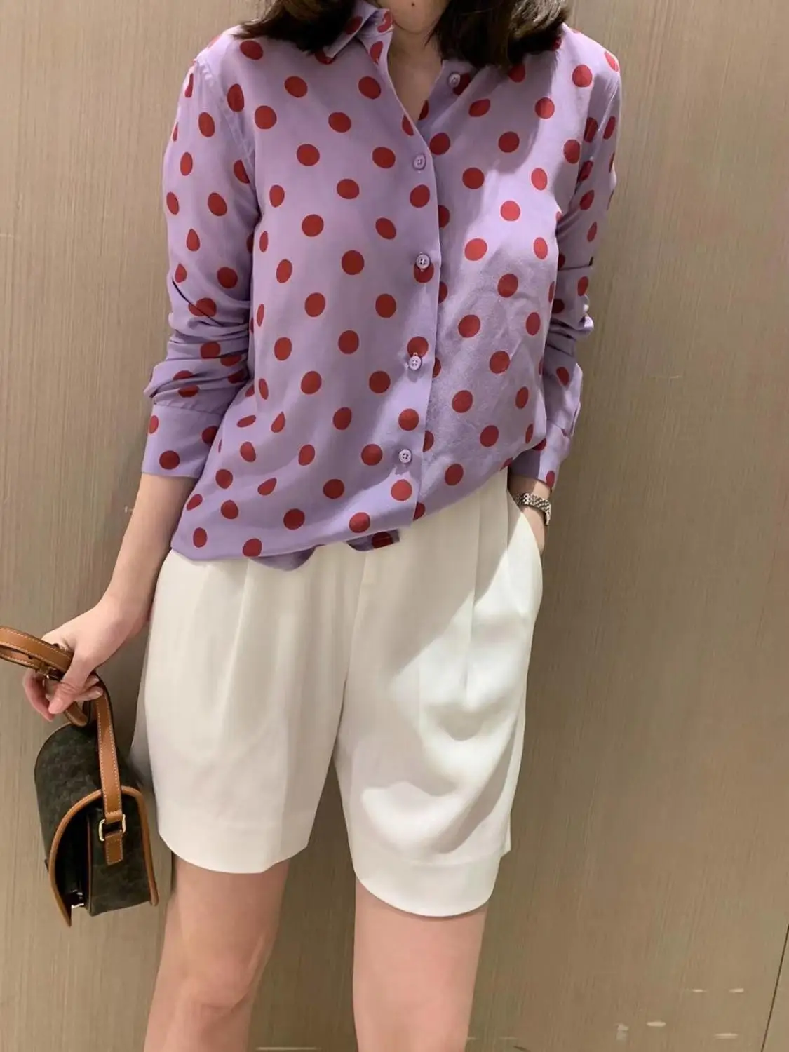 100% Шелковая фиолетовая женская рубашка в горошек с принтом винограда топы