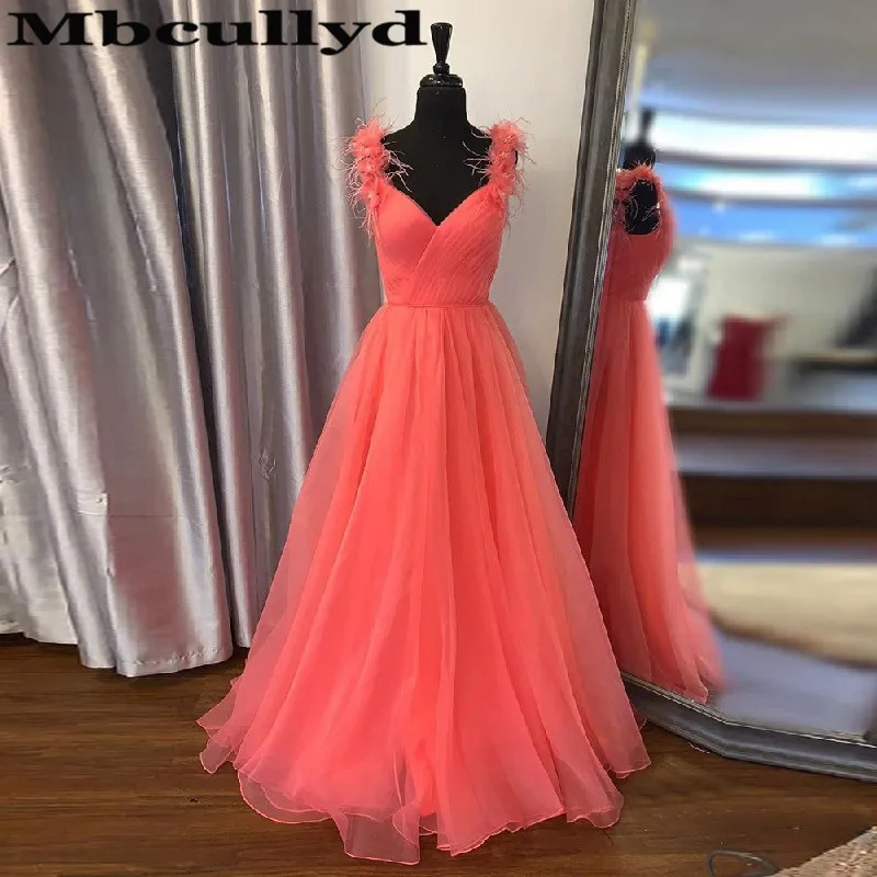 

Mbcullyd Watermelon Tulle Prom Dresses Long 2023 Luxury Feathers Evening Pageant Gowns For Women Vestidos de fiesta de noche