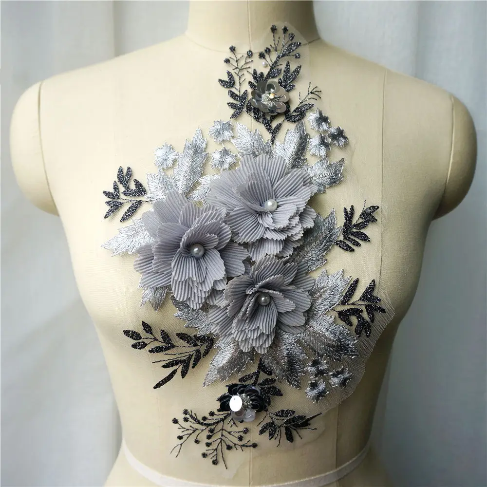 Серые Черные 3D Цветочные бусины кружевная ткань со стразами вышитая Свадебная
