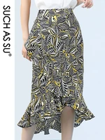 new chiffon print skirt women 2021 summer yellow red high waist mid long mermaid skirt s 3xl size slim ruffle skirt female