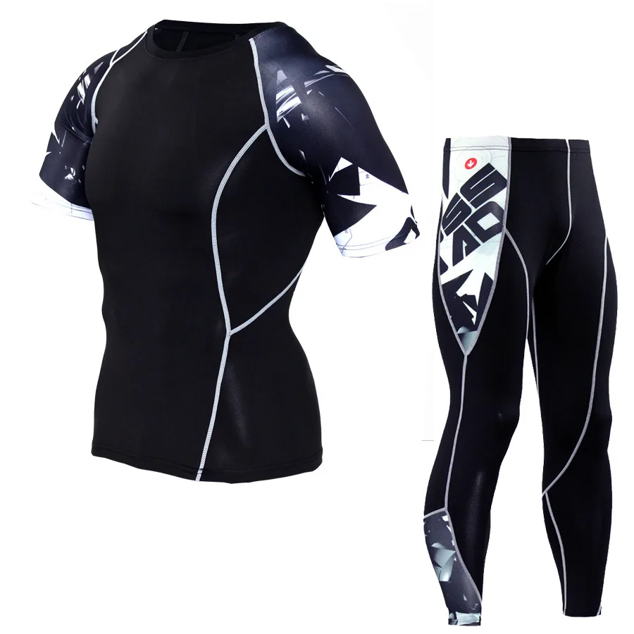 Gym Compression Shirt Pants Sport Suit Men MMA Fitness Short Sleeve Male Tracksuit Sportswear Jogging Sets | Спорт и развлечения