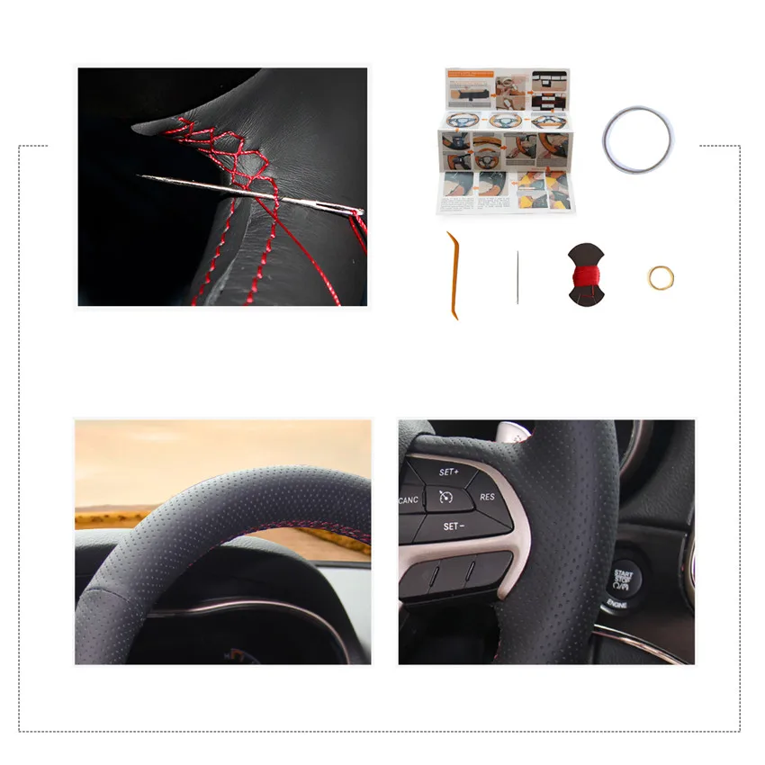 

MEWANT Black Genuine Leather Hand Sew Car Steering Wheel Cover for Jeep Grand Cherokee 2014 2015 2016 2017 2018 2019-2020