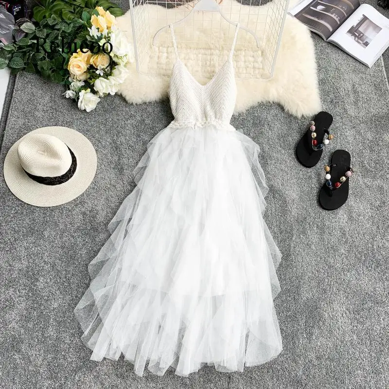 

Bohemian Knitting Patchwork Mesh Sexy V-neck Summer Mid-length Dress Party Women's Casual Beach Holiday Irregular