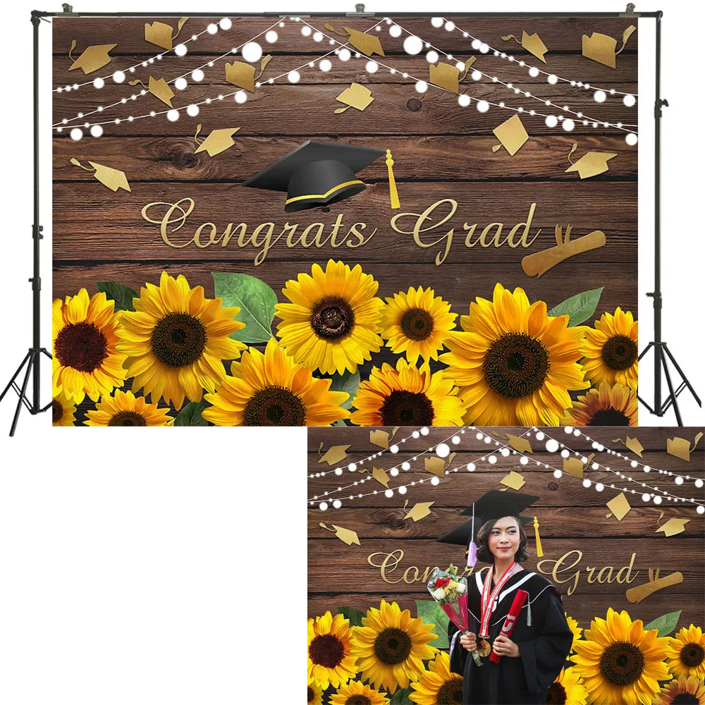 Выпускные вечерние декорации класса 2021 Congrats Grad Prom Scene Setter Chic Wood Banners Cap Sunflowers Decoration
