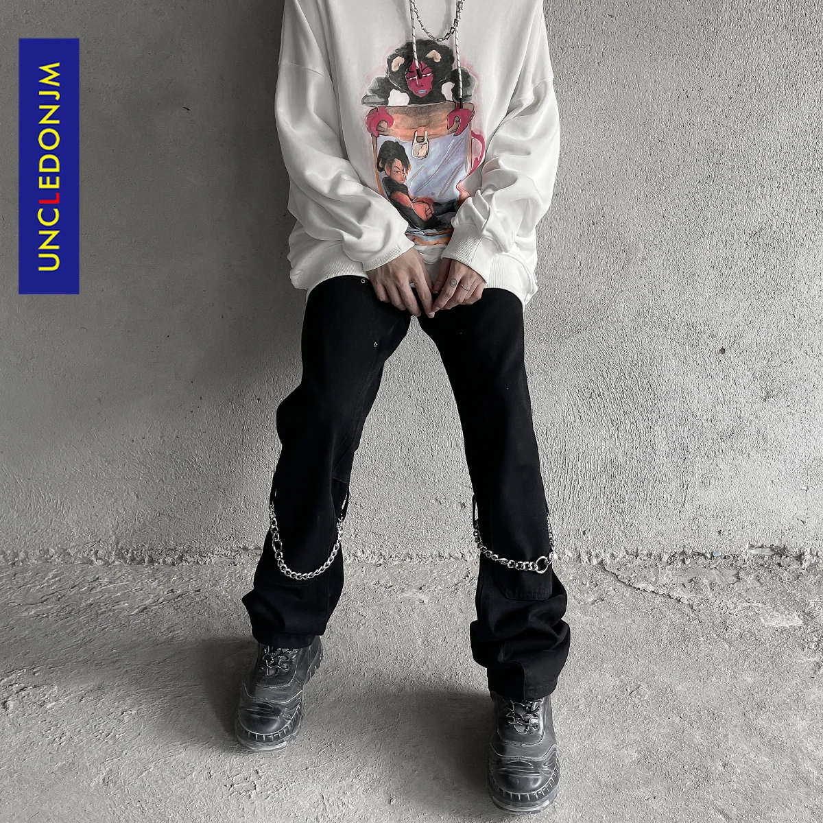 

UNCLEDONJM chain design jeans hip hop punk mens jeans high street Harajuku distressed jeans High Street black jeans men DY811