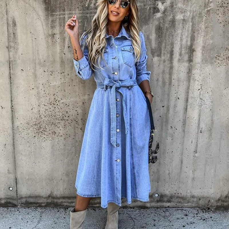 

Женское однобортное джинсовое платье, повседневное элегантное однотонное платье с отложным воротником, пуговицами, высокой талией и поясо...