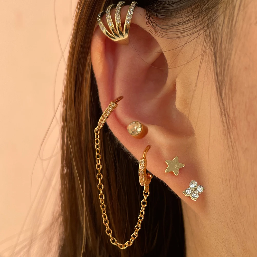 

Punk Gold Color Star Rhinestone Long Chain Earrings Set For Women Shiny Zircon Geometric Piercing Earrings Jewelry Party Gifts