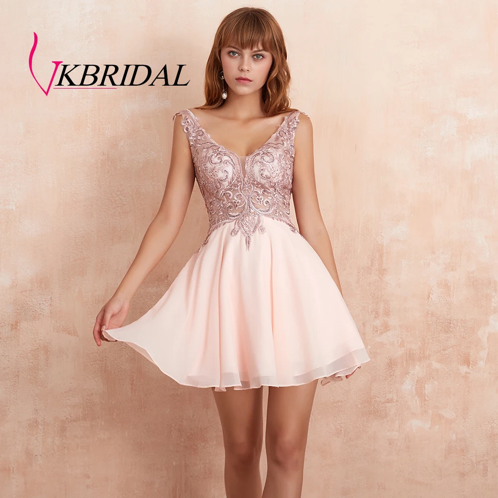 VKBRIDAL Sexy Backless Homecoming Dresses Short 2019 V- Neck Chiffon Lace Beaded Pearls Pink Prom Party Gowns | Свадьбы и торжества