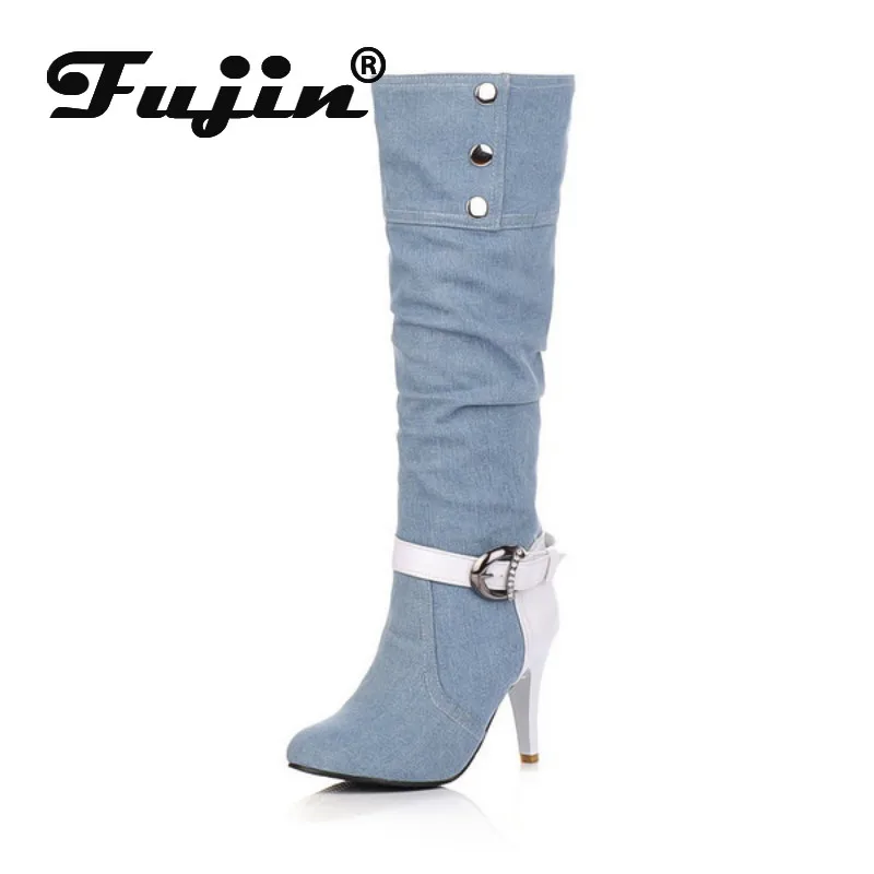 Fujin/женские высокие сапоги Сезон осень зима Женские с острым носком на высоком